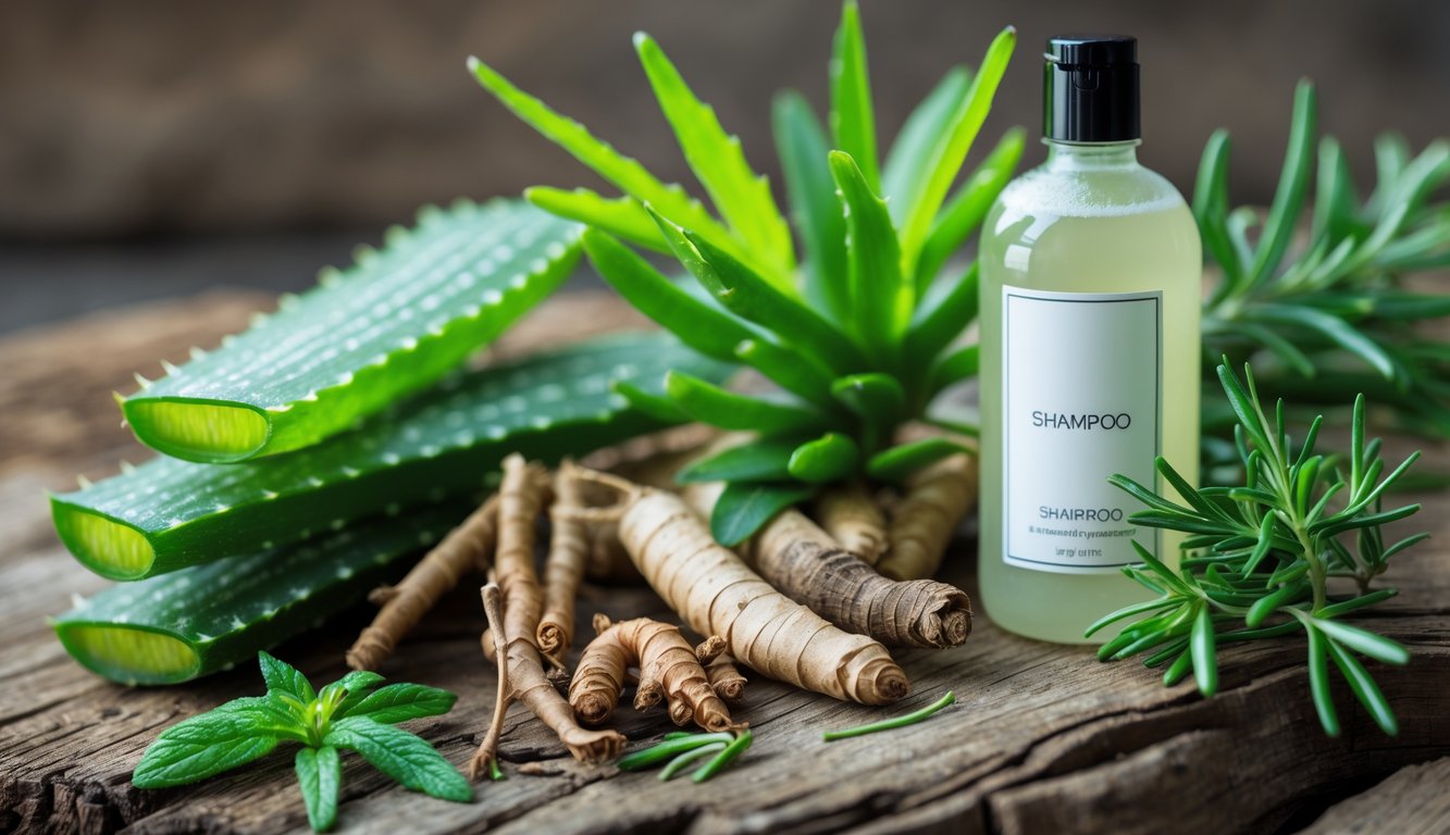 Beberapa tanaman herbal segar dan botol sampo di atas permukaan kayu, menunjukkan bahan alami untuk perawatan rambut rontok dan tipis.