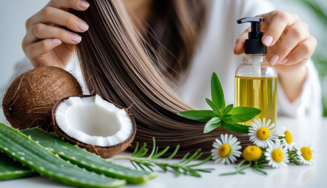 Seorang wanita memegang rambut sehatnya dengan tangan, dikelilingi bahan alami seperti lidah buaya, kelapa, rosemary, dan bunga chamomile di atas permukaan putih.