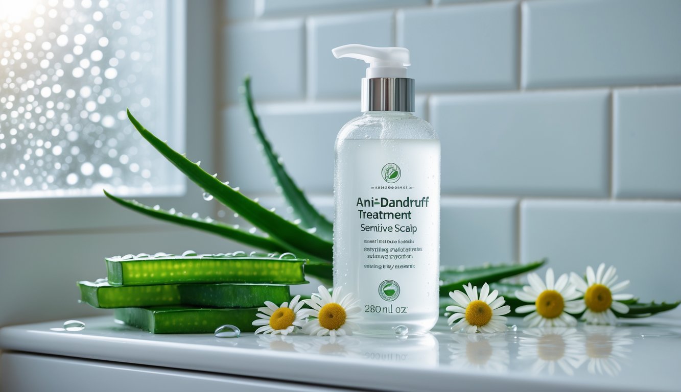 Botol sampo anti ketombe dengan daun lidah buaya dan bunga chamomile di atas meja putih di kamar mandi dengan cahaya alami.