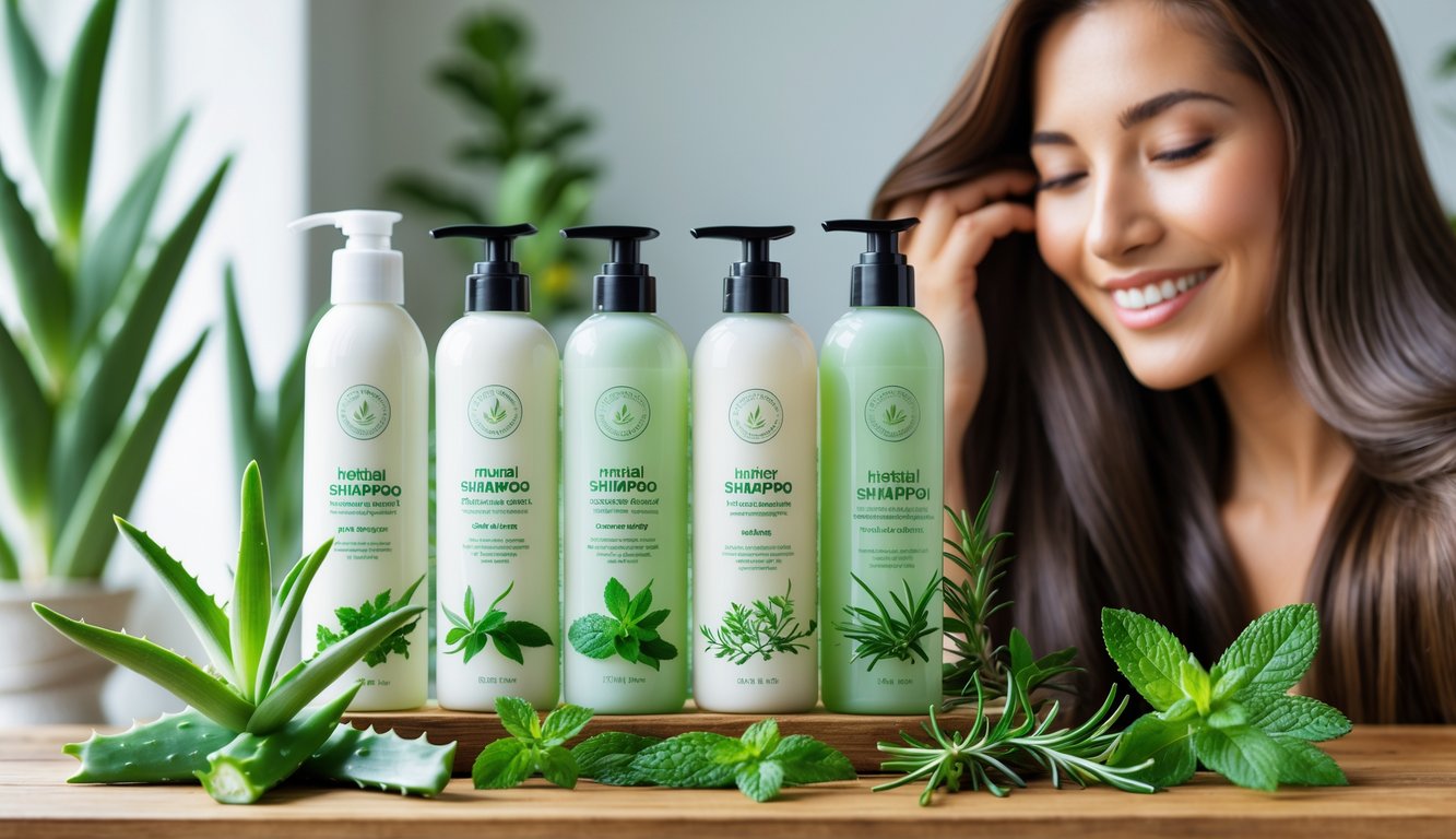 Botol sampo herbal dengan daun hijau segar di atas meja kayu dan seorang wanita tersenyum dengan rambut panjang berkilau di latar belakang.