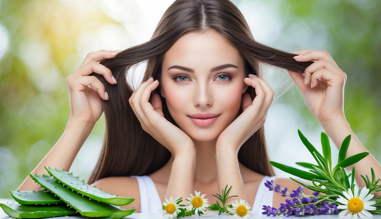 Seorang wanita dengan rambut panjang dan sehat menyentuh rambutnya, dikelilingi oleh bahan herbal alami seperti lidah buaya, rosemary, chamomile, dan lavender.