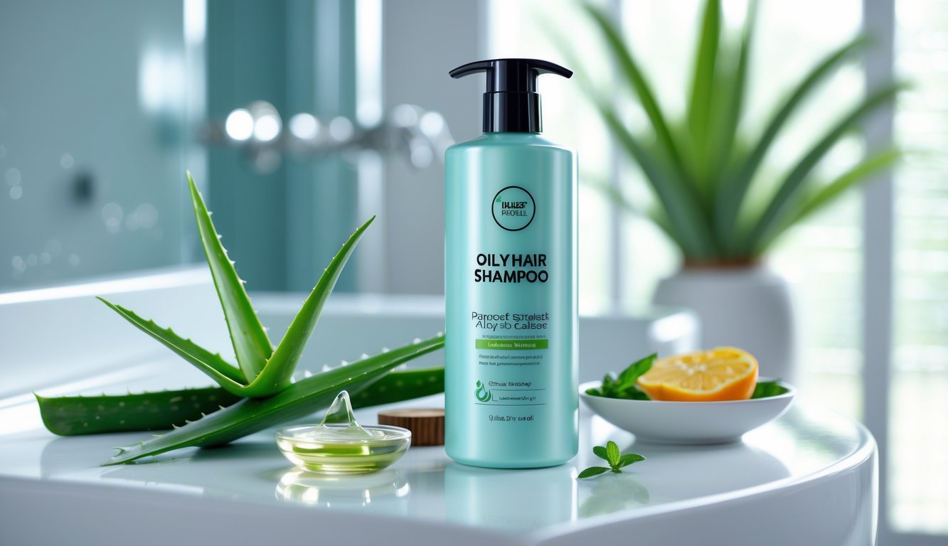 Botol sampo untuk rambut berminyak diletakkan di meja kamar mandi dengan daun lidah buaya dan bahan alami di sekitarnya.