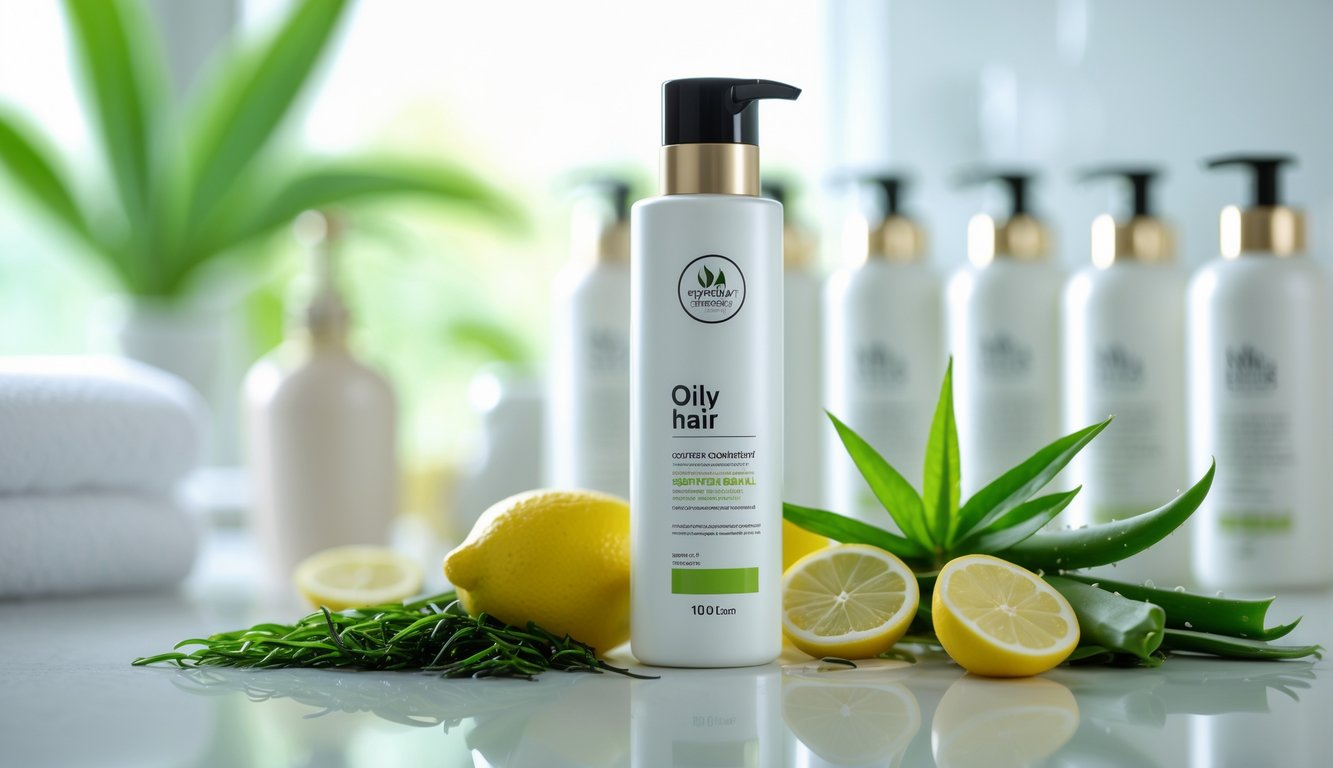 Botol sampo untuk rambut berminyak di atas meja kamar mandi dengan daun teh hijau, lidah buaya, dan irisan lemon di sekitarnya.