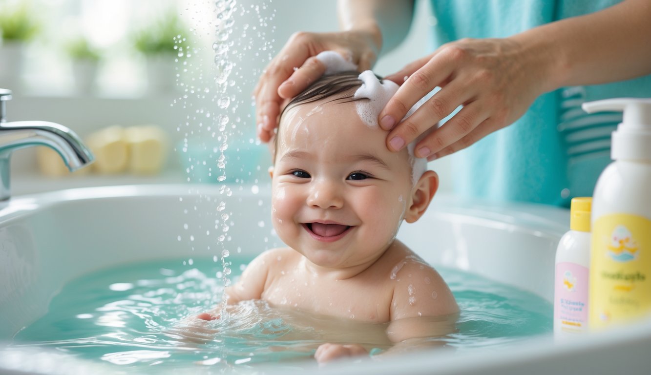 Seorang orang tua sedang memandikan bayi yang tersenyum dengan lembut menggunakan sampo bayi yang aman di kamar mandi yang terang dan bersih.