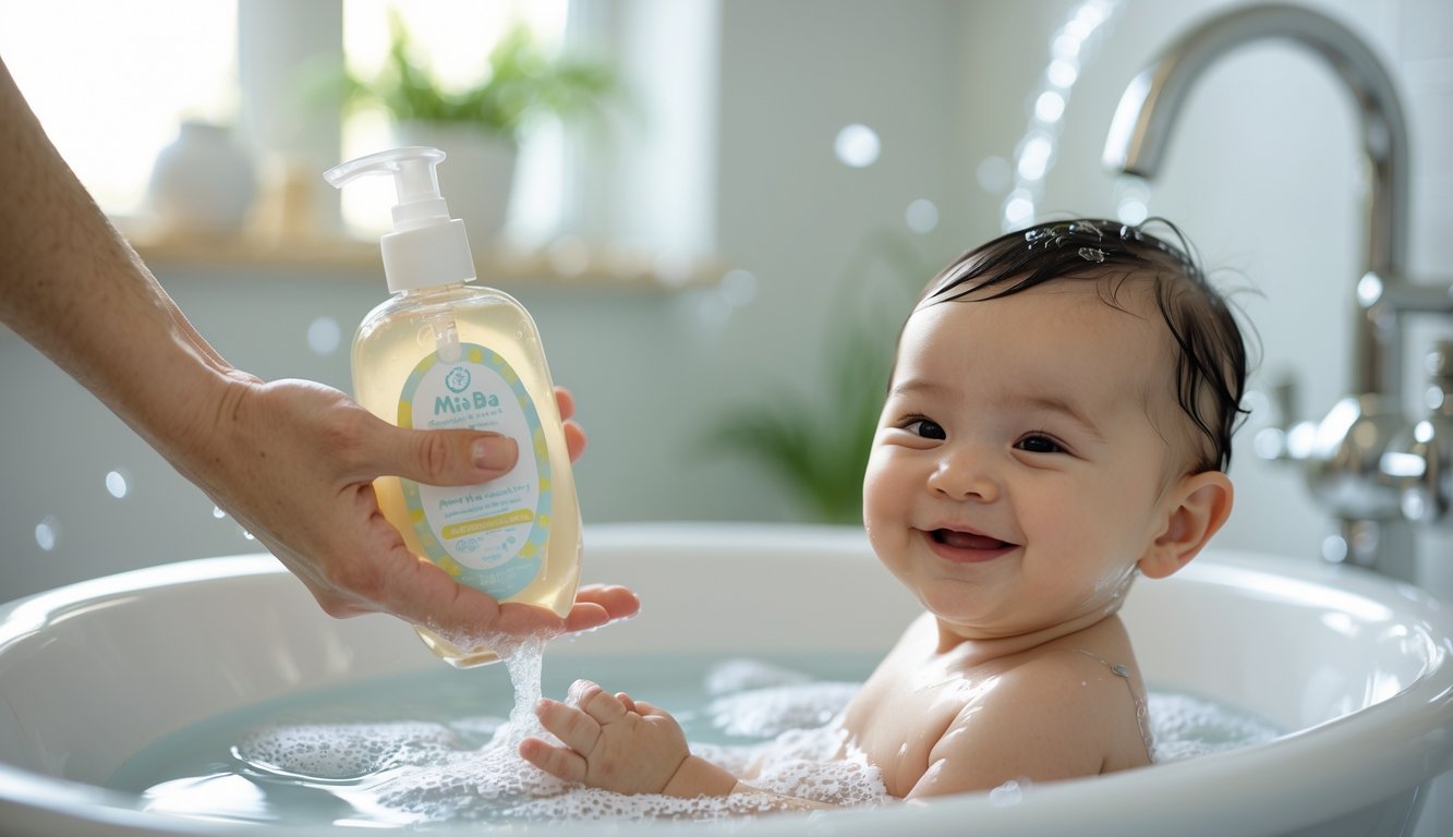 Seorang orang tua sedang memandikan bayi dengan sabun sampo bayi yang aman di kamar mandi yang bersih dan terang.