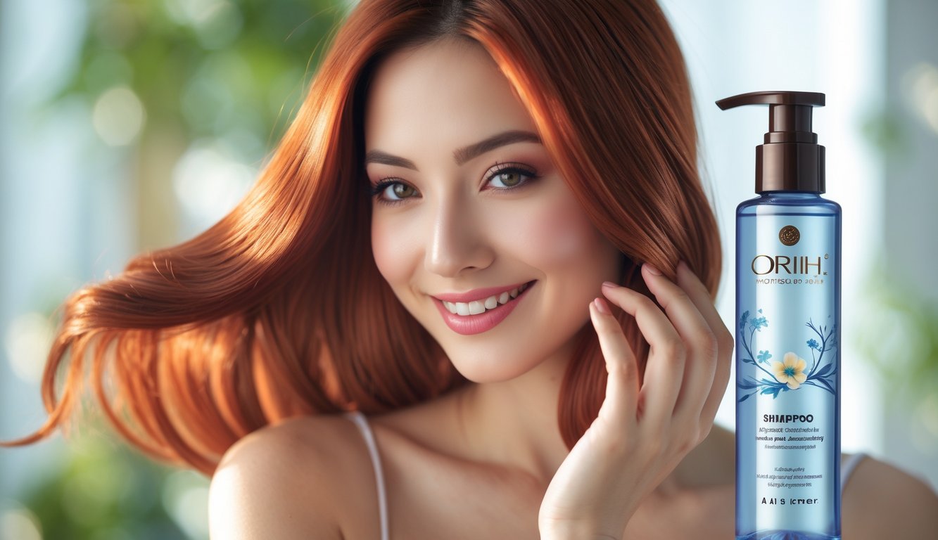 Seorang wanita dengan rambut berwarna cerah yang tampak sehat dan berkilau, sedang menyentuh rambutnya dengan latar belakang yang samar dan botol sampo di dekatnya.