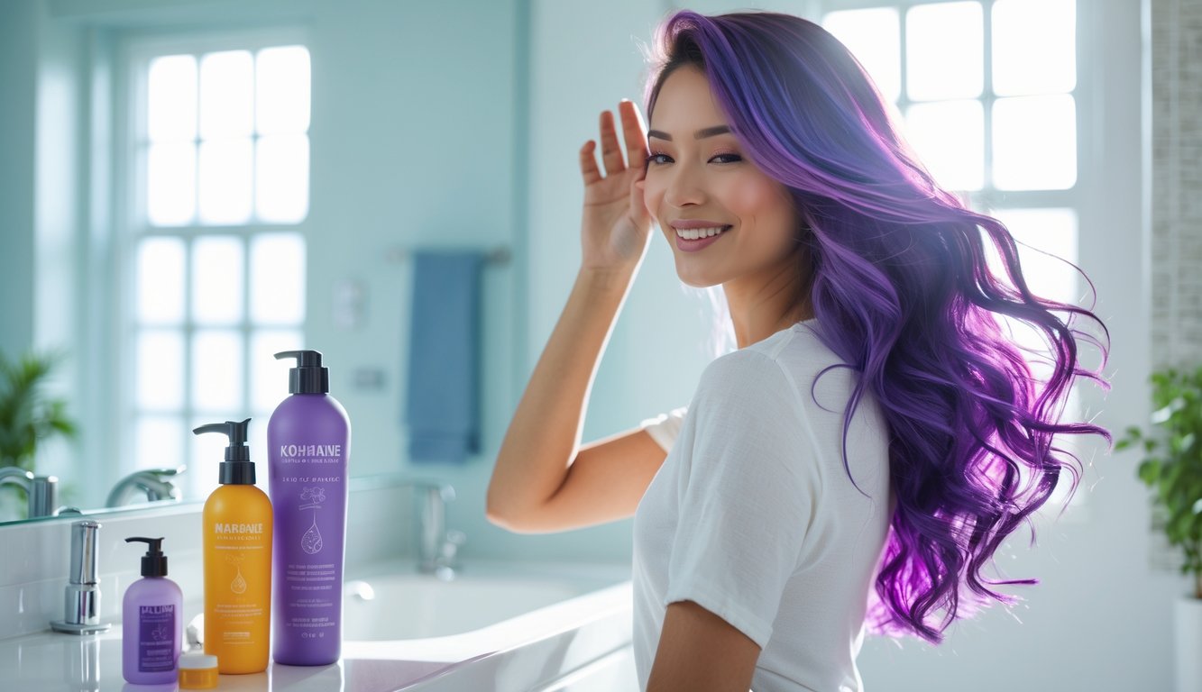 Seorang wanita muda tersenyum dengan rambut berwarna cerah yang sehat dan mengkilap di kamar mandi modern, sambil menyentuh rambutnya dengan lembut di dekat produk perawatan rambut.