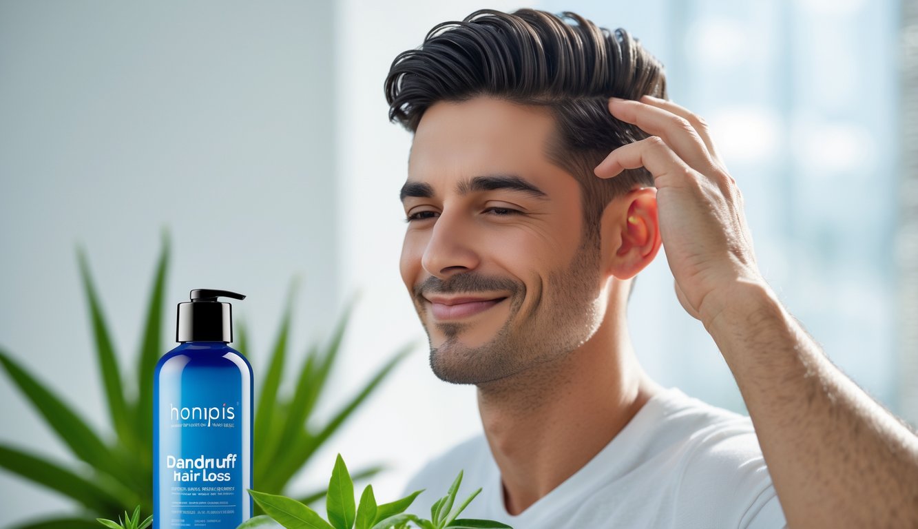 Seorang pria dengan rambut sehat dan berkilau menyentuh kulit kepalanya dengan ekspresi puas di latar belakang cerah.