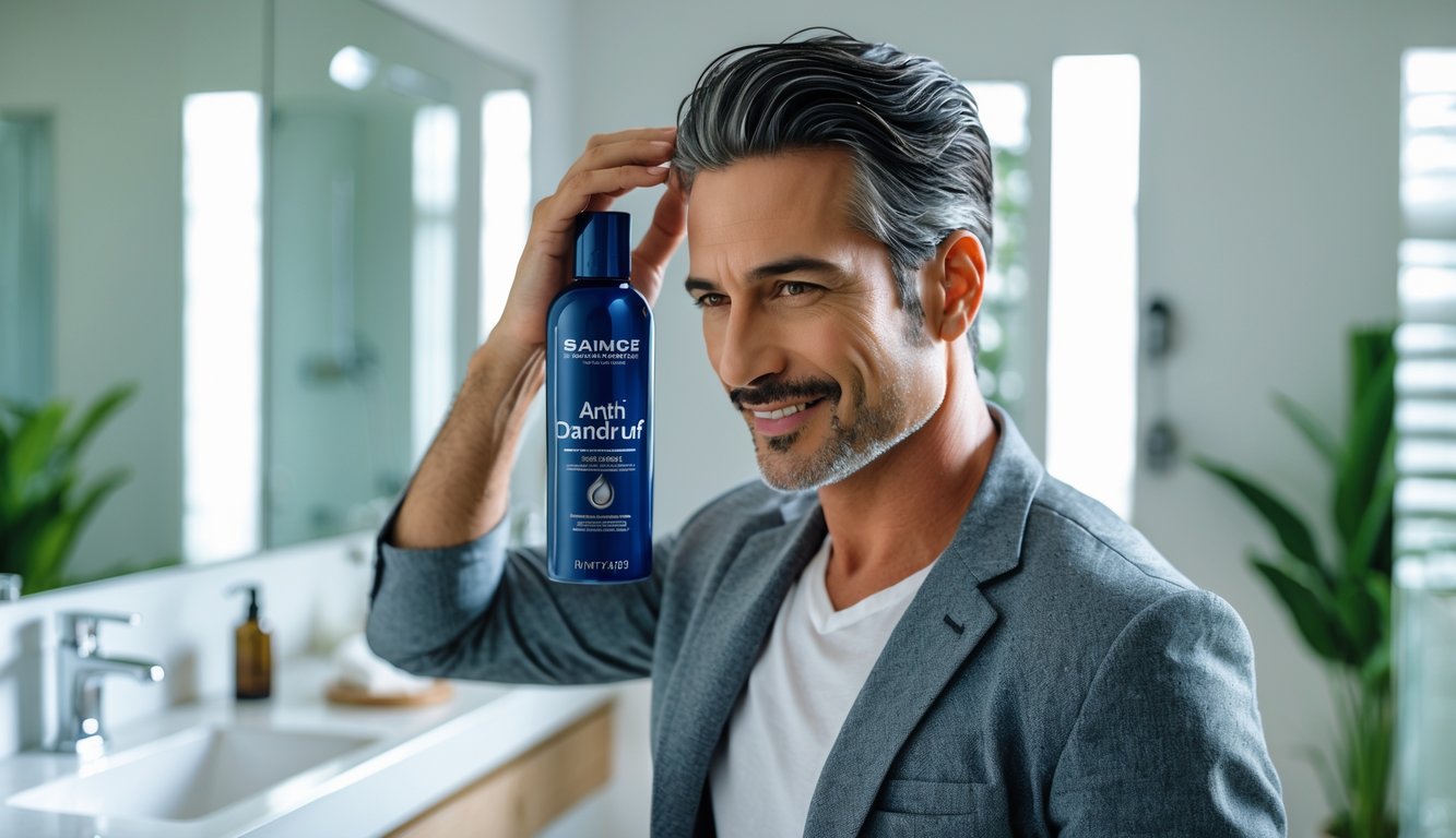 Seorang pria dewasa dengan rambut sehat menyentuh kulit kepalanya sambil memegang botol sampo di kamar mandi yang terang dan bersih.
