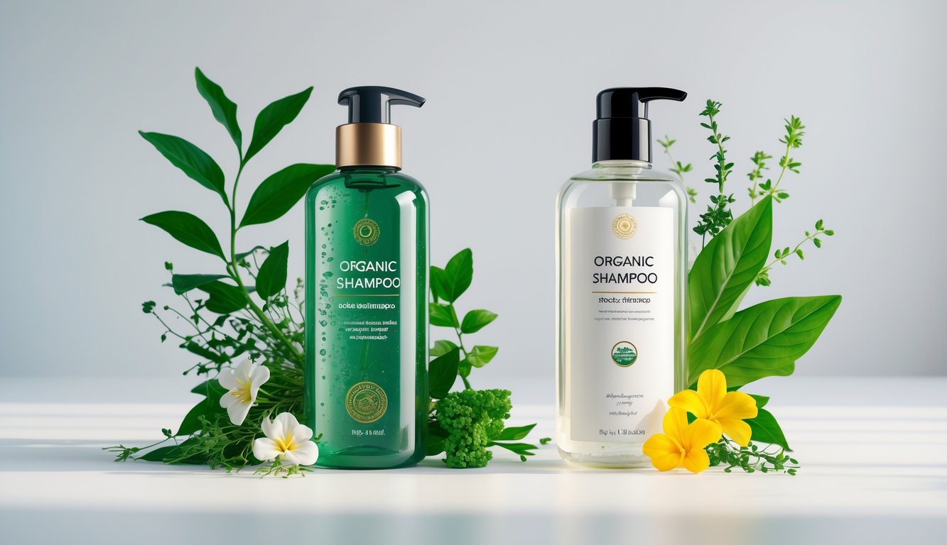 Dua botol sampo berdampingan, satu dengan daun dan bunga segar di sekitarnya dan satu tanpa hiasan, di atas permukaan putih yang bersih.