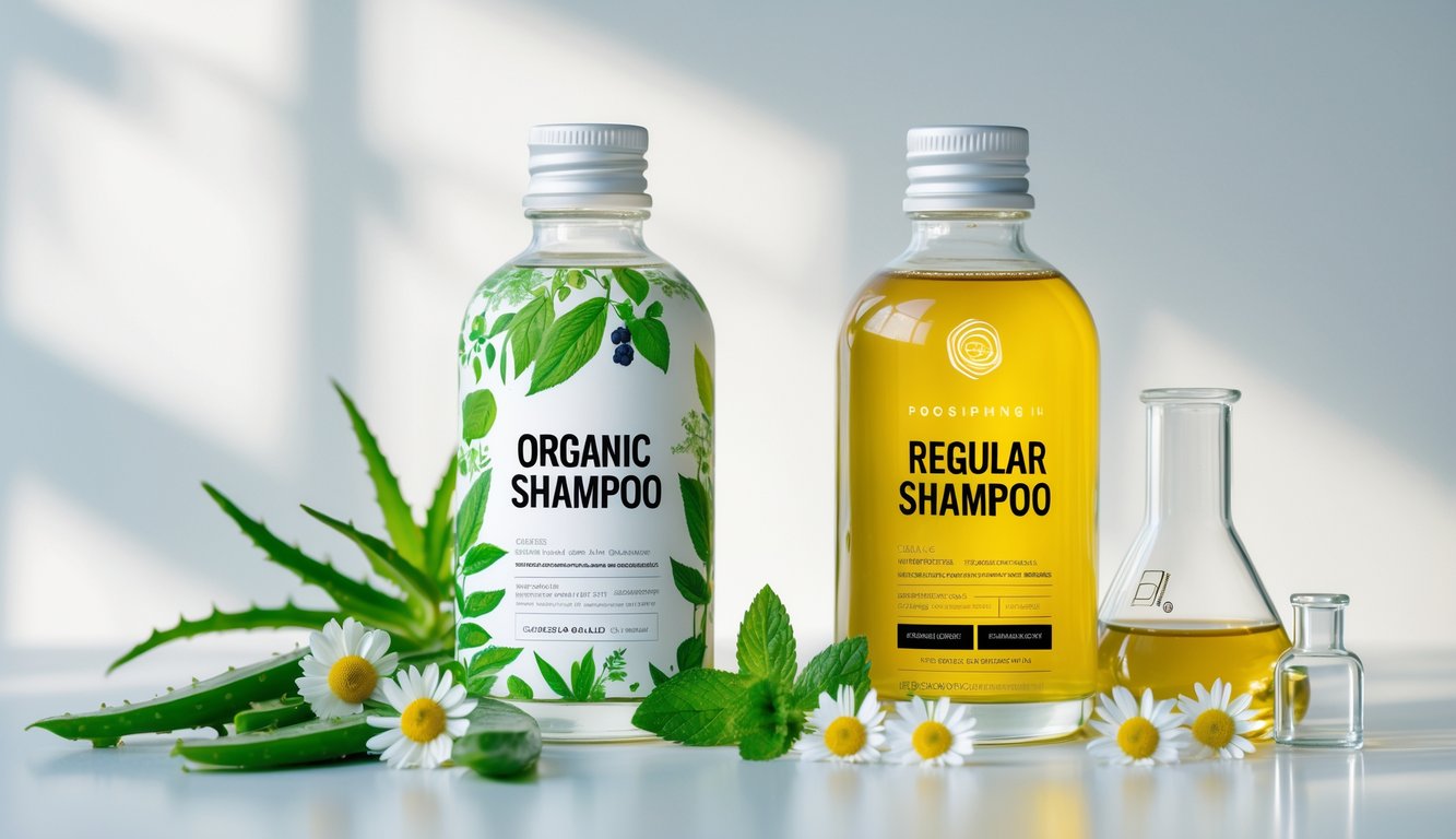 Dua botol sampo berdampingan, satu dengan bahan alami seperti daun dan bunga, satu lagi dengan elemen sintetis, di atas permukaan putih bersih.