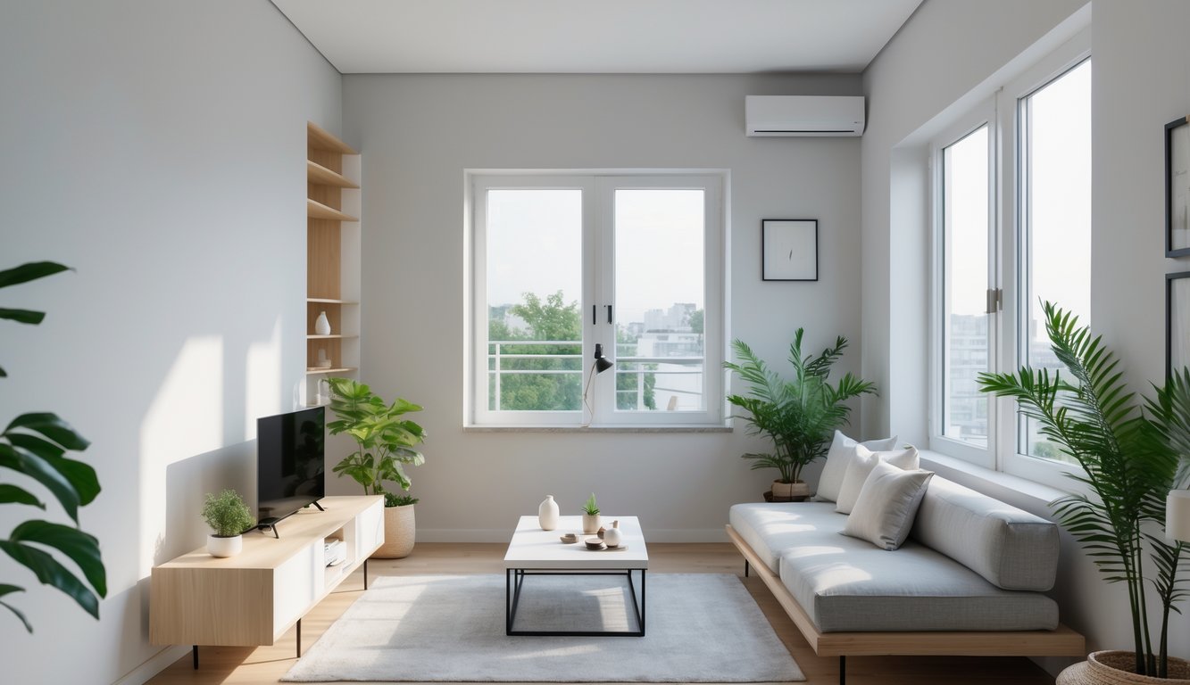 Ruang tamu sempit dengan sofa kecil, meja kopi, tanaman hijau, dan jendela besar yang menerangi ruangan.