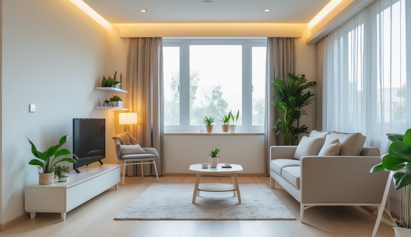 Ruang tamu kecil dengan sofa, meja kopi, tanaman hijau, dan pencahayaan alami yang membuat ruangan terlihat luas dan nyaman.
