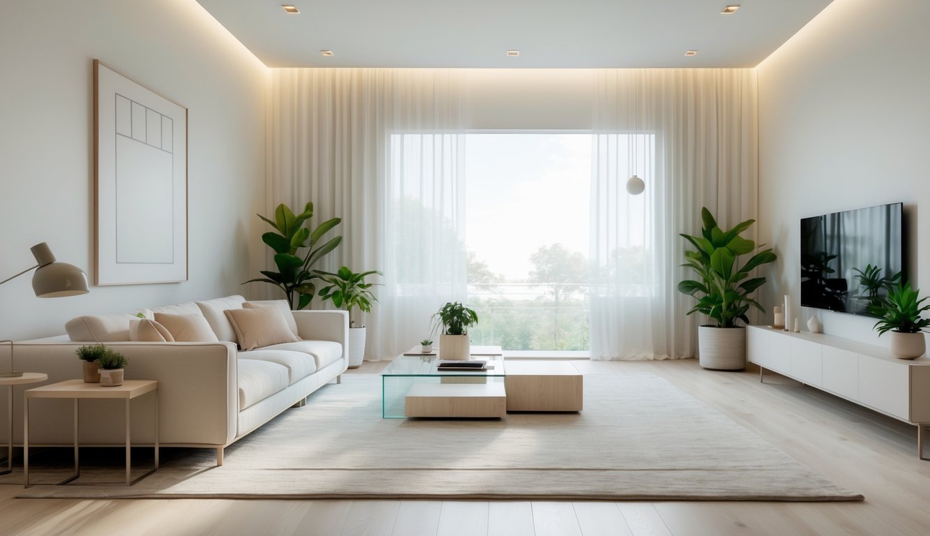 Ruang tamu dengan sofa modern, meja kopi kaca, tanaman hias, dan jendela besar yang menerangi ruangan.
