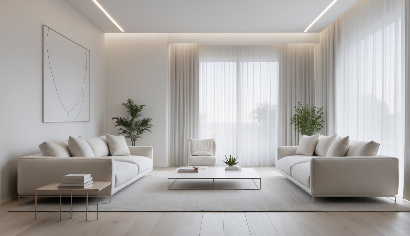 Ruang tamu dengan sofa sederhana, meja kopi modern, pencahayaan alami, dan dekorasi minimal.