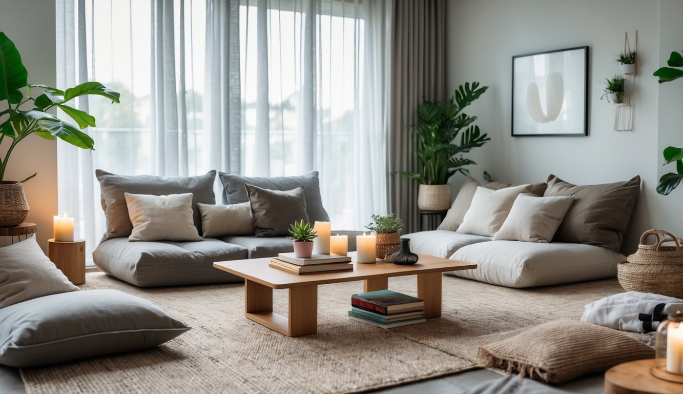Ruang tamu tanpa sofa dengan meja kopi rendah, bantal lantai, tanaman hias, dan jendela besar yang menerangi ruangan.