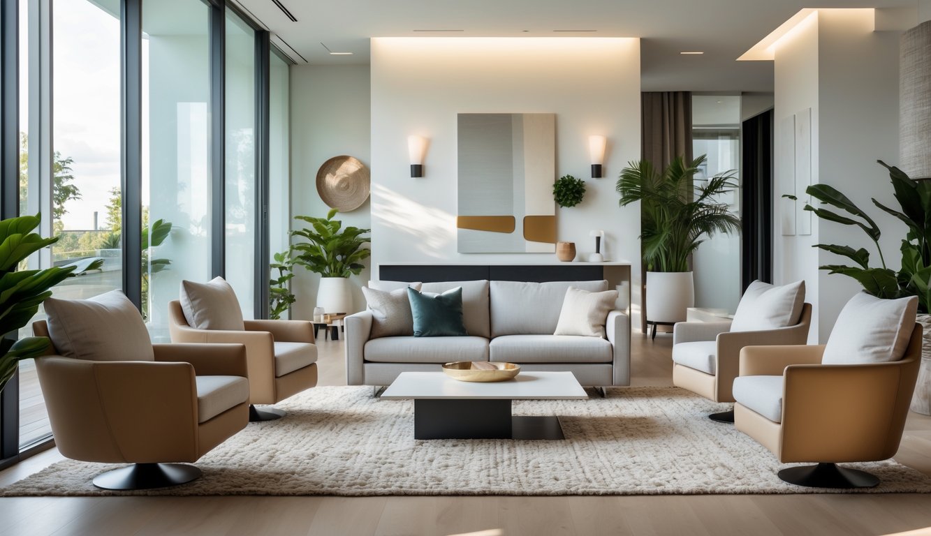 Ruang tamu modern tanpa sofa dengan kursi dan meja kopi, pencahayaan alami, tanaman hias, dan dekorasi dinding.