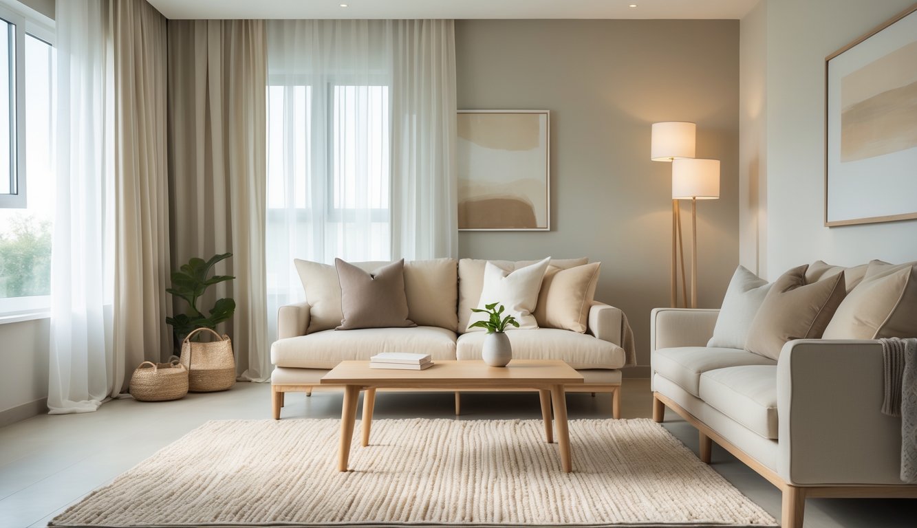Ruang tamu dengan sofa warna netral, meja kayu, tanaman kecil, dan jendela besar yang menerangi ruangan.