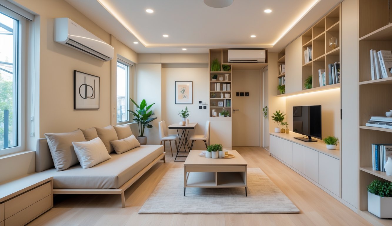 Ruang tamu multifungsi dengan sofa, meja kopi, rak dinding, dan area makan kecil di rumah tipe 36.