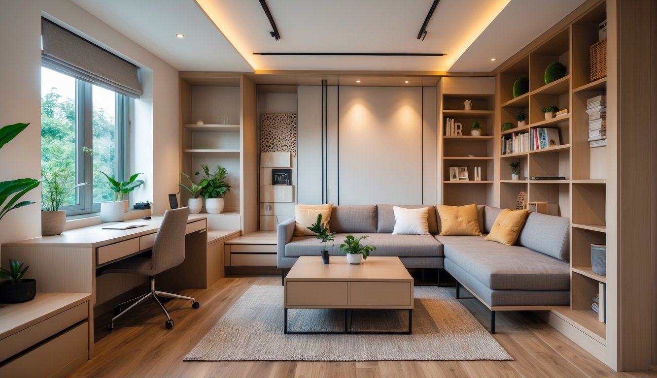 Ruang tamu multifungsi kecil dengan sofa yang bisa diubah menjadi tempat tidur, meja kopi dengan penyimpanan, rak built-in, dan area kerja kecil di dalam rumah.