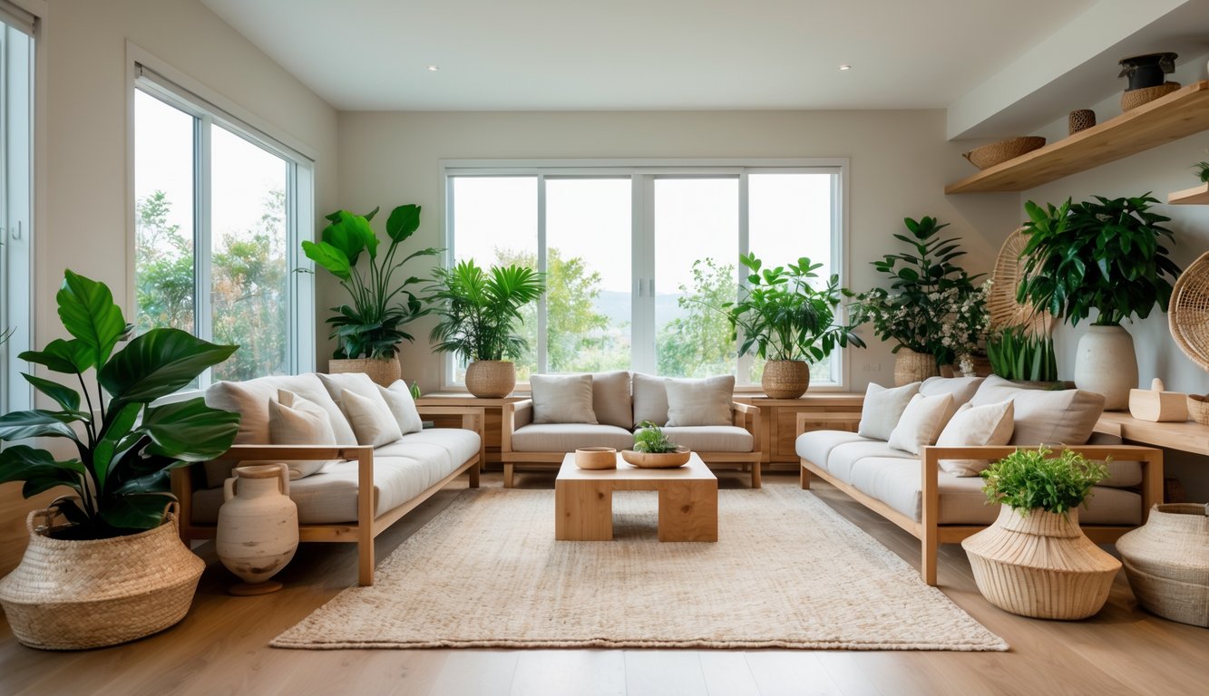 Ruang tamu dengan sofa, meja kayu, tanaman hias, dan jendela besar yang menerangi ruangan.