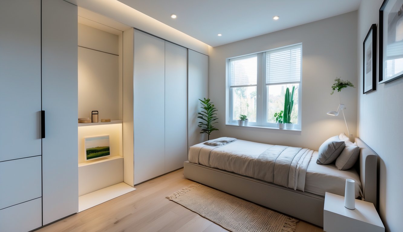 Sebuah kamar tidur sempit dengan tempat tidur tunggal, meja kecil, lemari ramping, dan jendela besar yang menerangi ruangan.