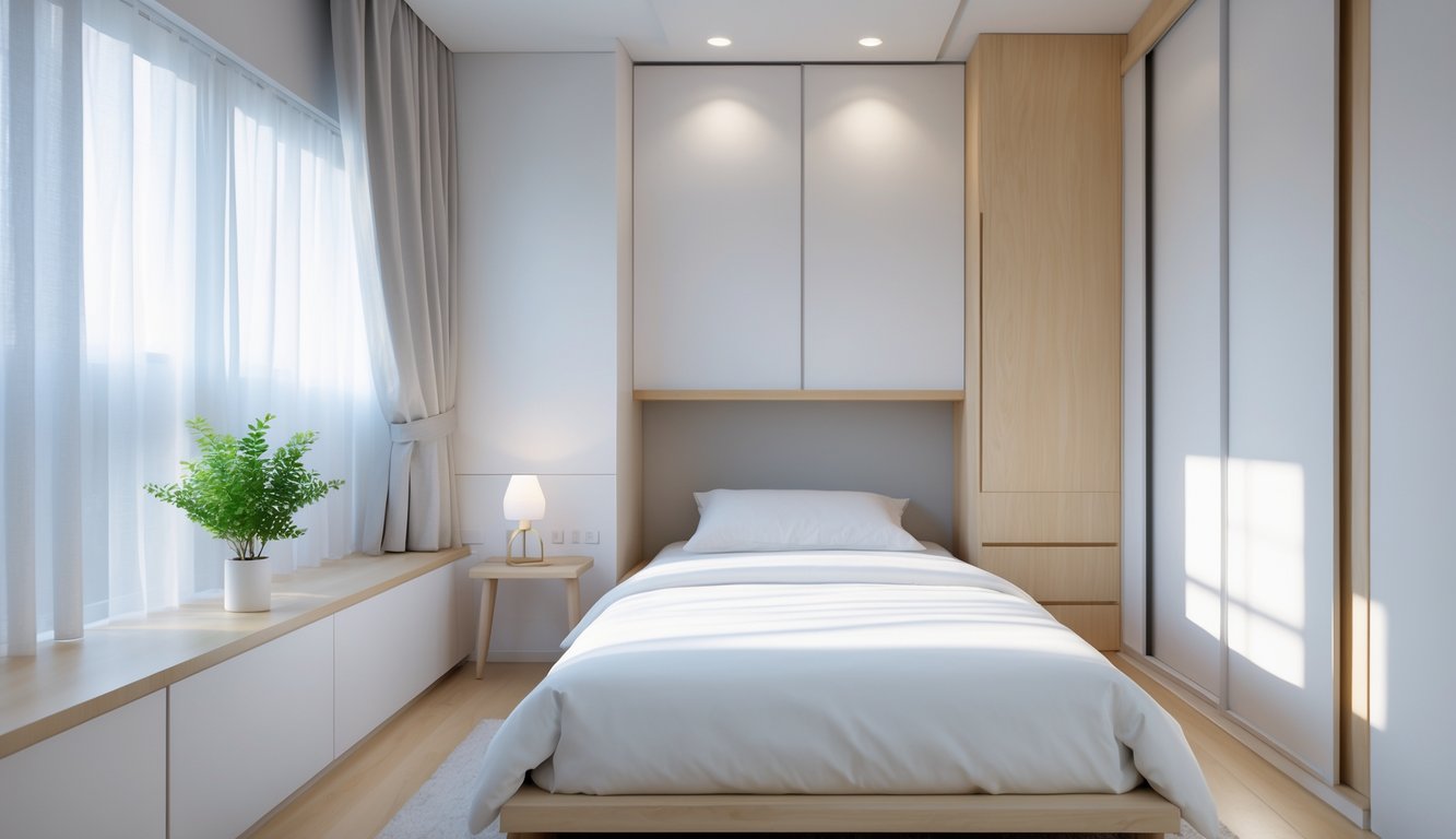Kamar tidur kecil yang rapi dengan tempat tidur, meja kecil, jendela besar, dan tanaman hias di sudut ruangan.