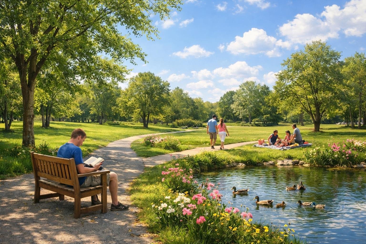 A peaceful park in Dothan, Alabama with green trees, a walking path, a pond with ducks, and people enjoying a sunny day outdoors.