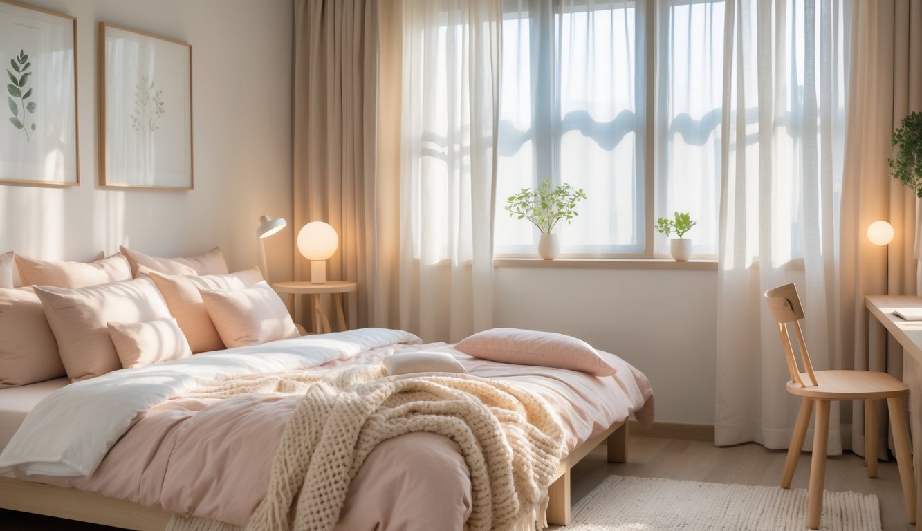 Sebuah kamar tidur dengan tempat tidur rapi, jendela besar dengan tirai putih tipis, meja kecil dengan lampu, dan tanaman hias di ambang jendela.