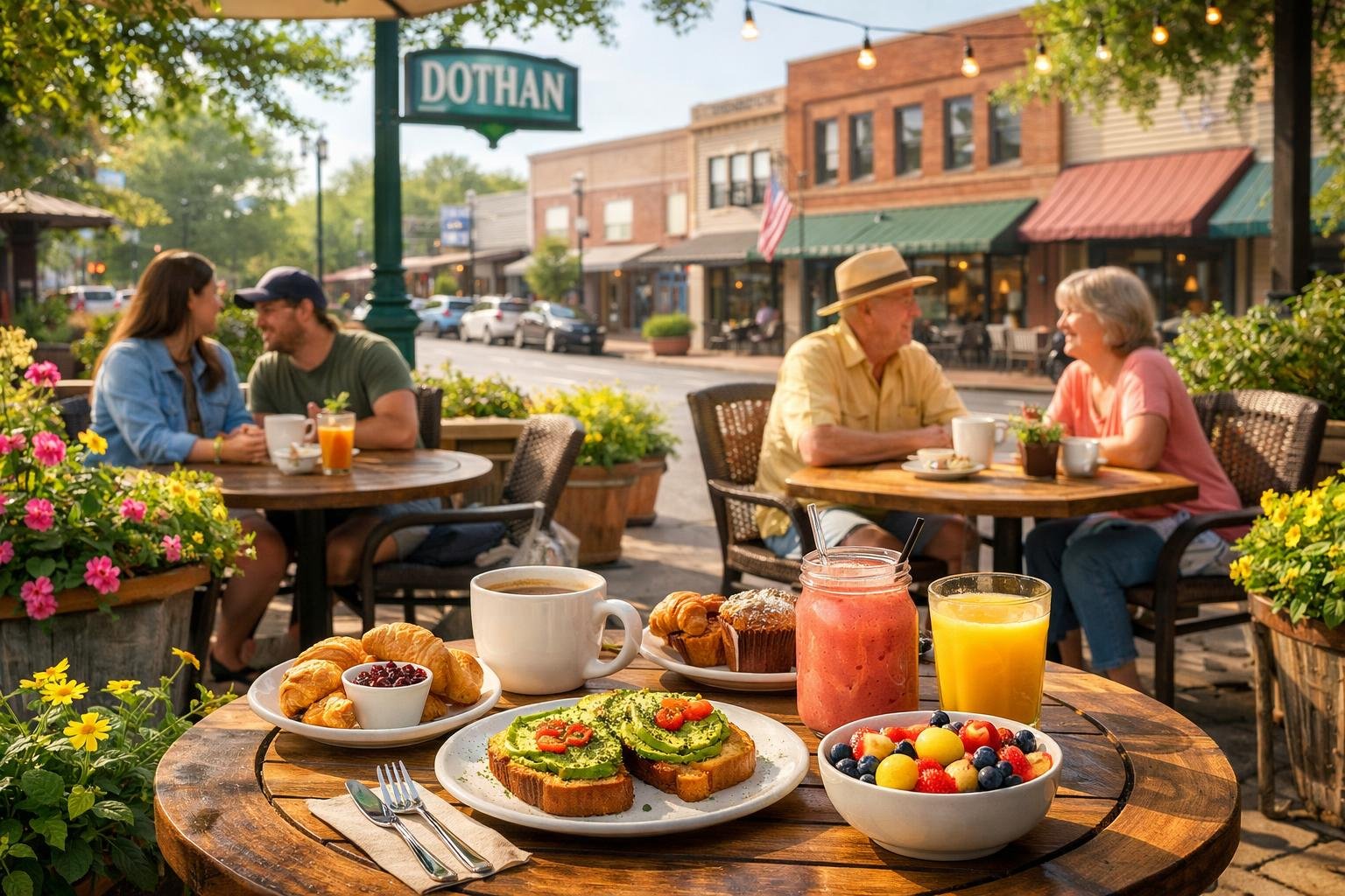 People enjoying brunch and coffee at an outdoor café with plants and flowers on a sunny morning in a small town.