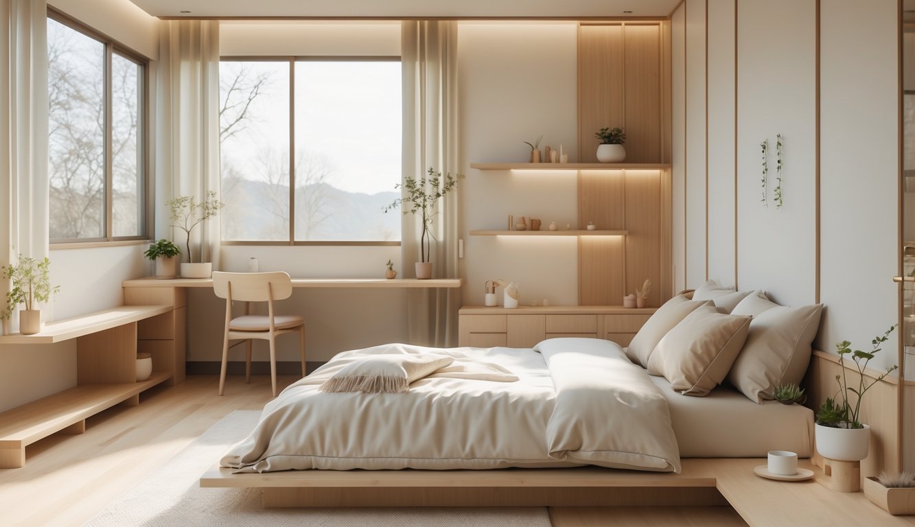 Foto kamar tidur yang nyaman dengan tempat tidur rendah, jendela besar, tanaman hias, dan dekorasi sederhana.