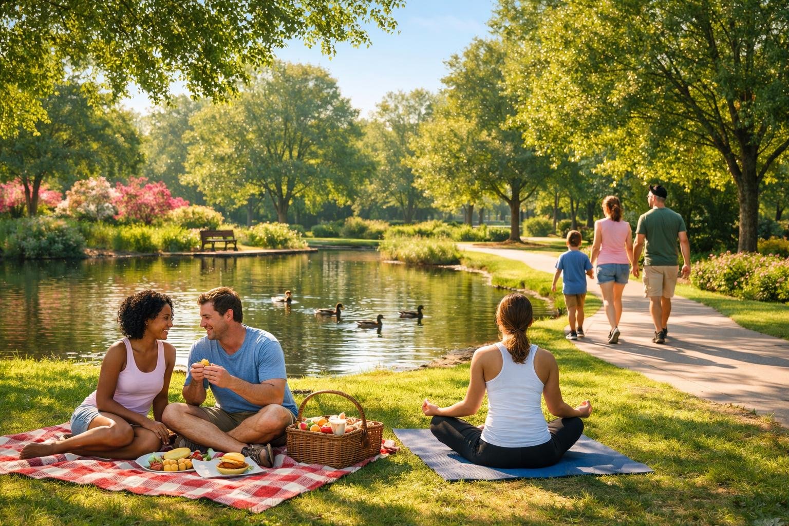 People enjoying a sunny day in a green park with trees, flowers, a pond, and walking paths in Dothan, Alabama.