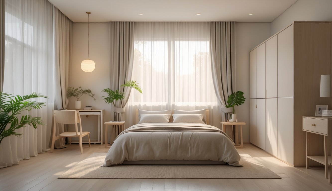 Sebuah kamar tidur dengan tempat tidur rapi, perabotan kayu minimalis, tanaman hijau, dan cahaya alami yang masuk melalui jendela.