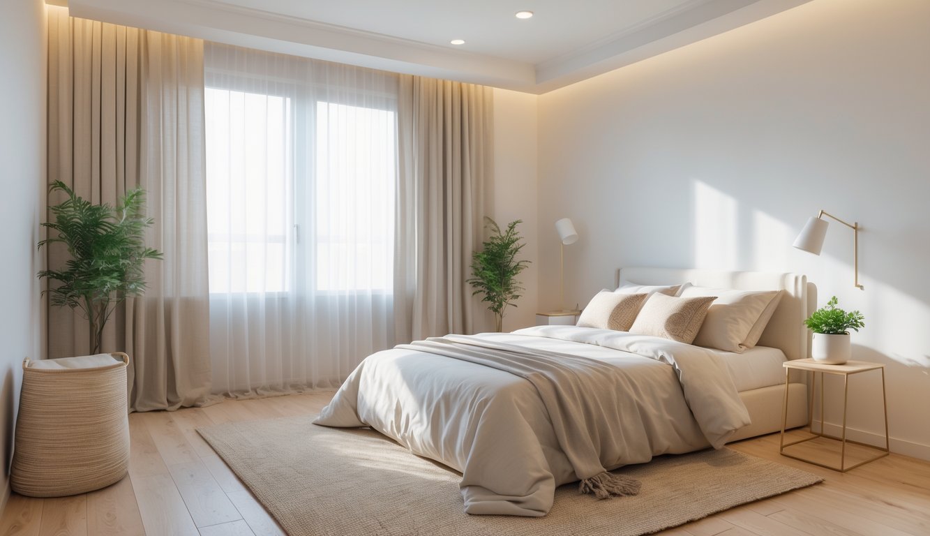 Kamar tidur sederhana dengan tempat tidur rapi, pencahayaan alami, tanaman hias kecil, dan dekorasi minimalis.
