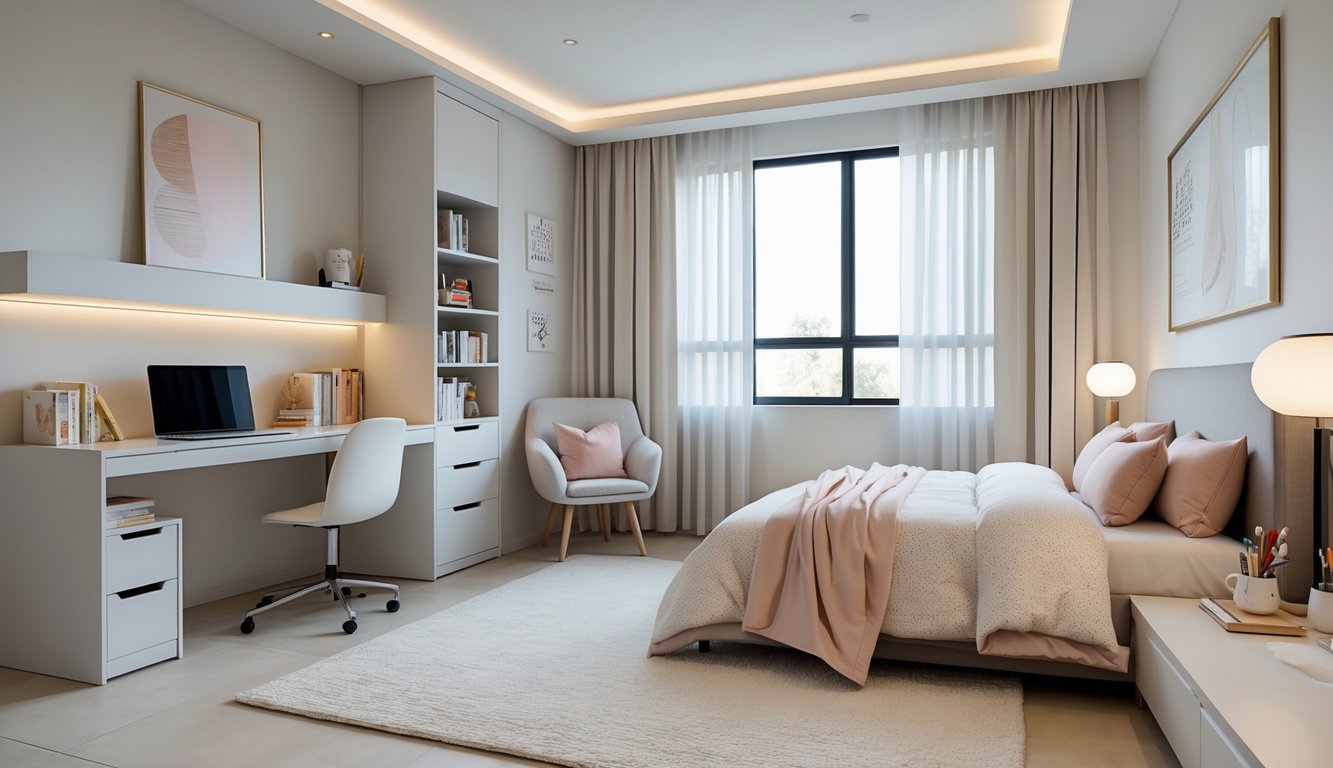 Kamar tidur remaja dengan tempat tidur, meja belajar, kursi, rak buku, dan jendela besar yang terang.