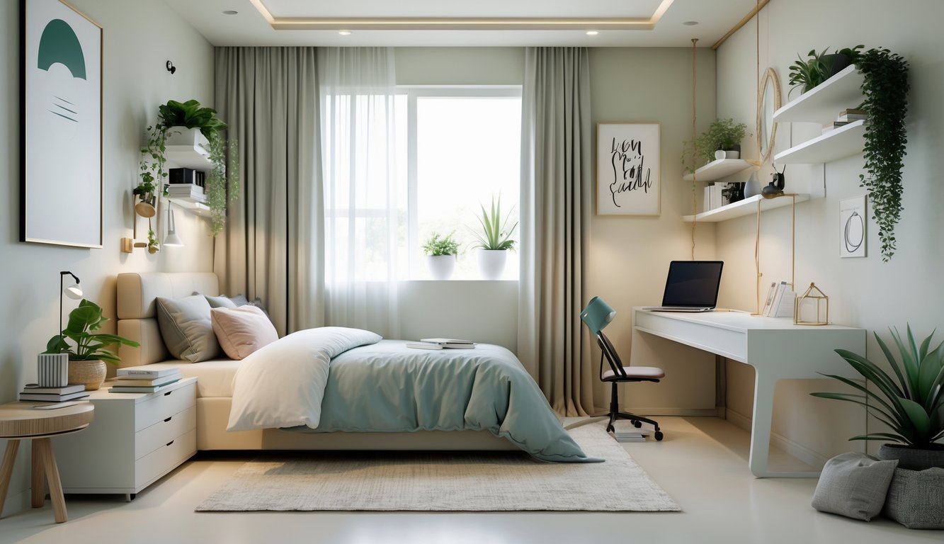 Kamar tidur remaja yang rapi dengan tempat tidur, meja belajar, jendela besar, dan dekorasi sederhana.
