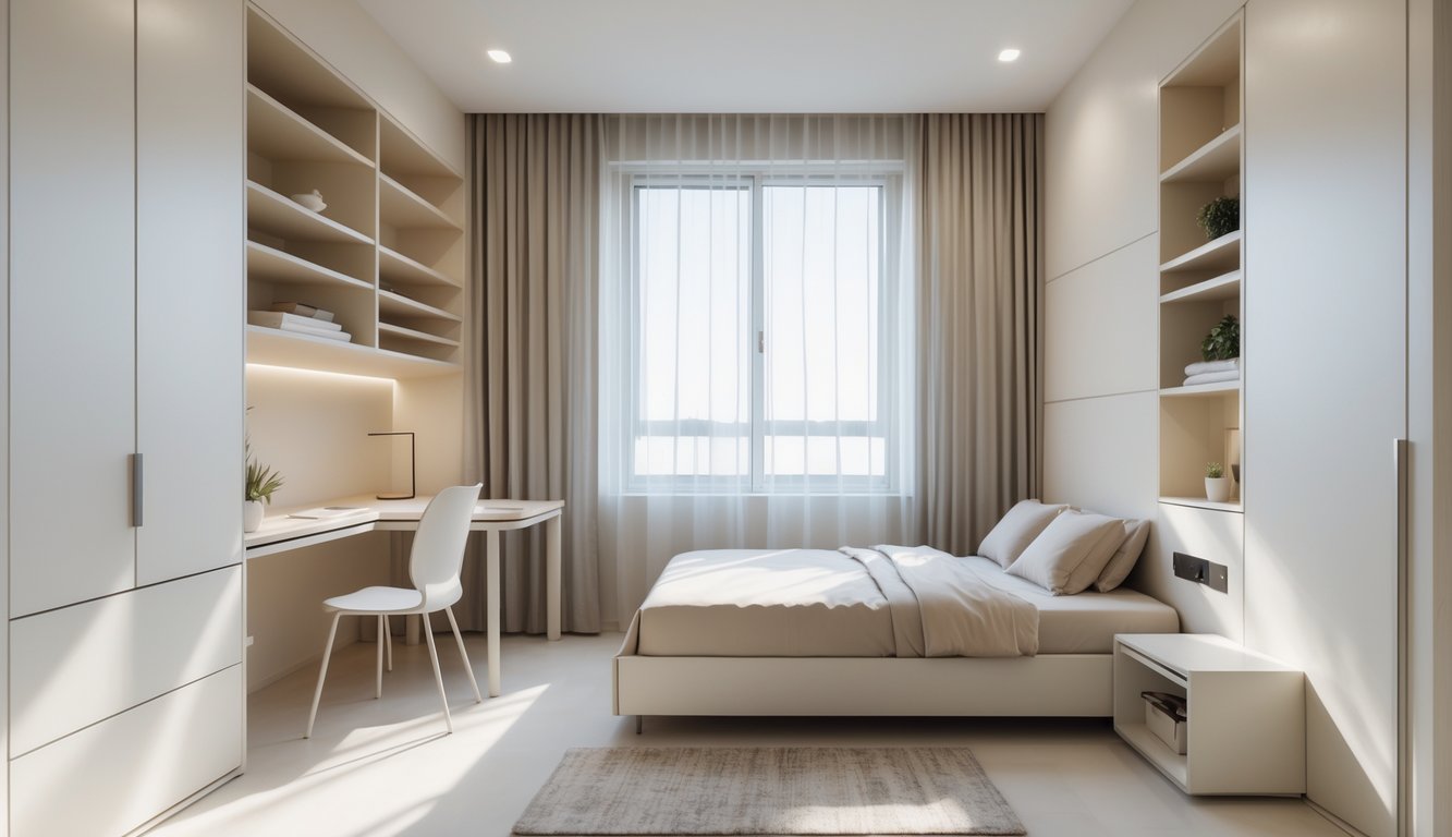 Kamar tidur kecil yang rapi dan terlihat luas dengan pencahayaan alami dan furnitur minimalis.