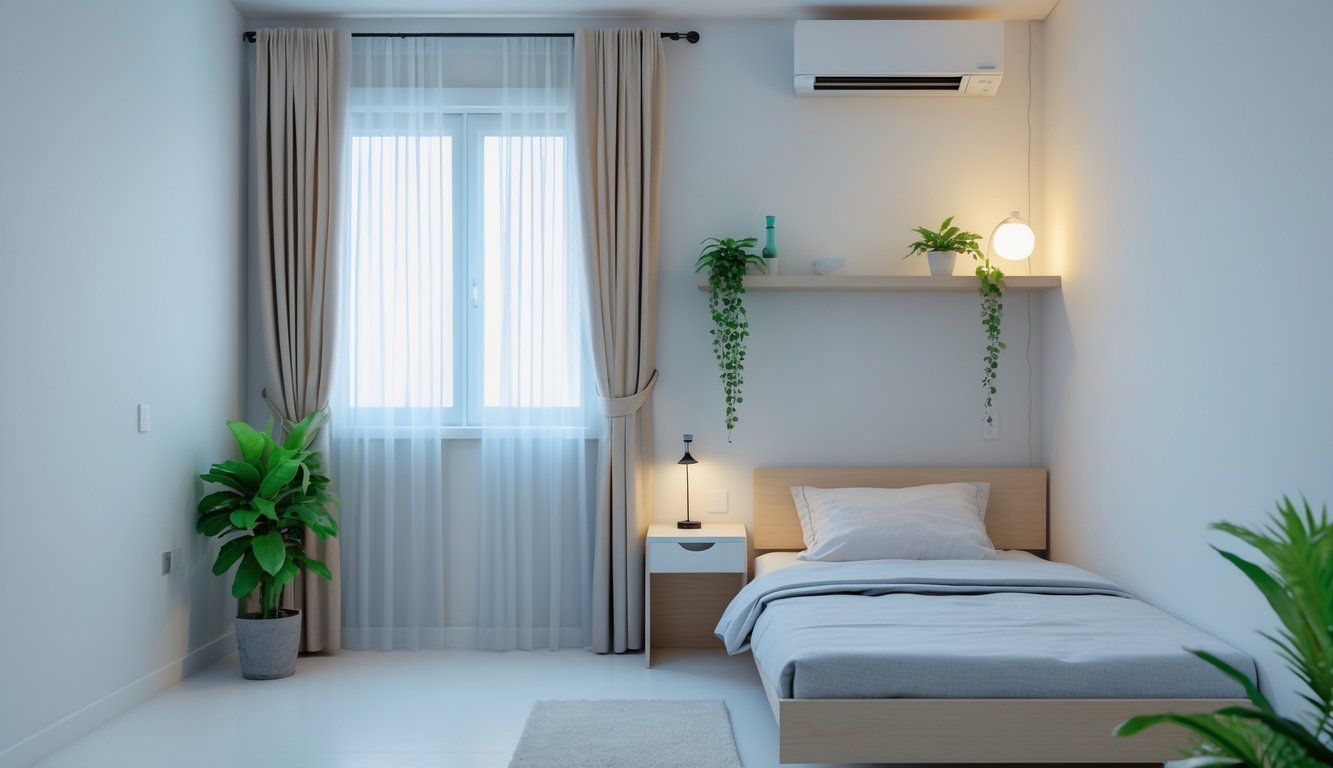 Kamar tidur kecil yang rapi dan terlihat luas dengan tempat tidur, meja kecil, rak dinding, dan pencahayaan alami.