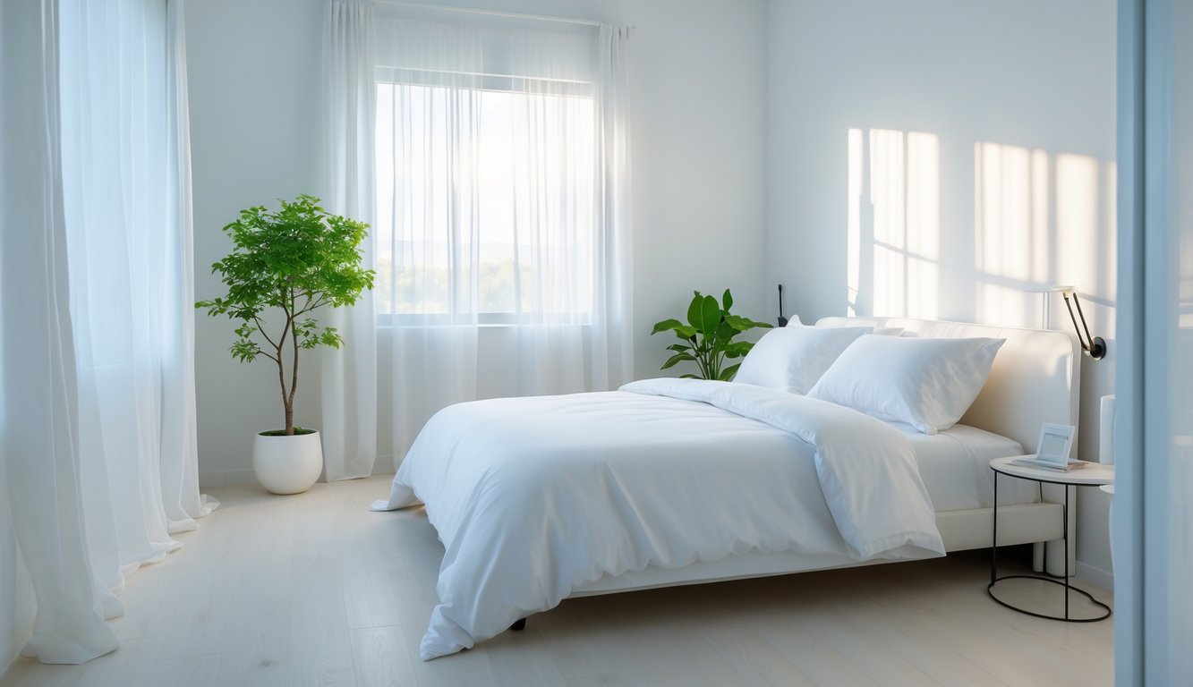 Kamar tidur berwarna putih yang bersih dan menenangkan dengan tempat tidur rapi, cahaya alami, dan tanaman hijau kecil.