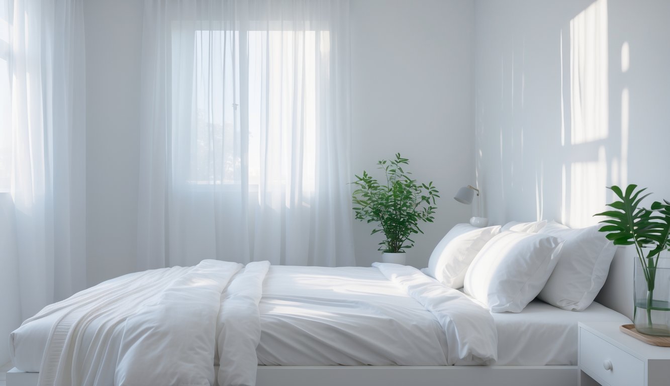 Kamar tidur dengan dinding putih, tempat tidur rapi dengan sprei putih, cahaya alami masuk melalui tirai tipis, dan tanaman hijau kecil di meja samping tempat tidur.