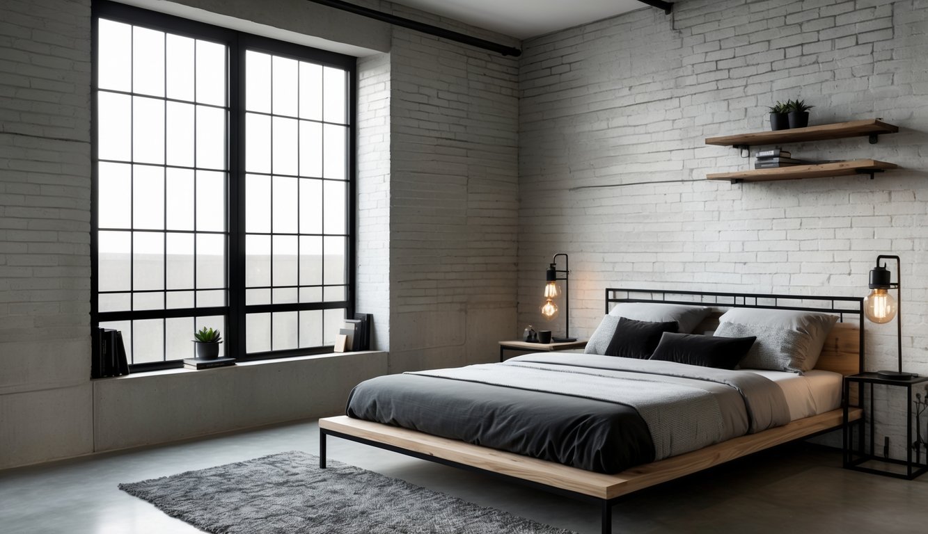 Sebuah kamar tidur dengan tempat tidur, meja samping, dan jendela besar yang menerangi ruangan.
