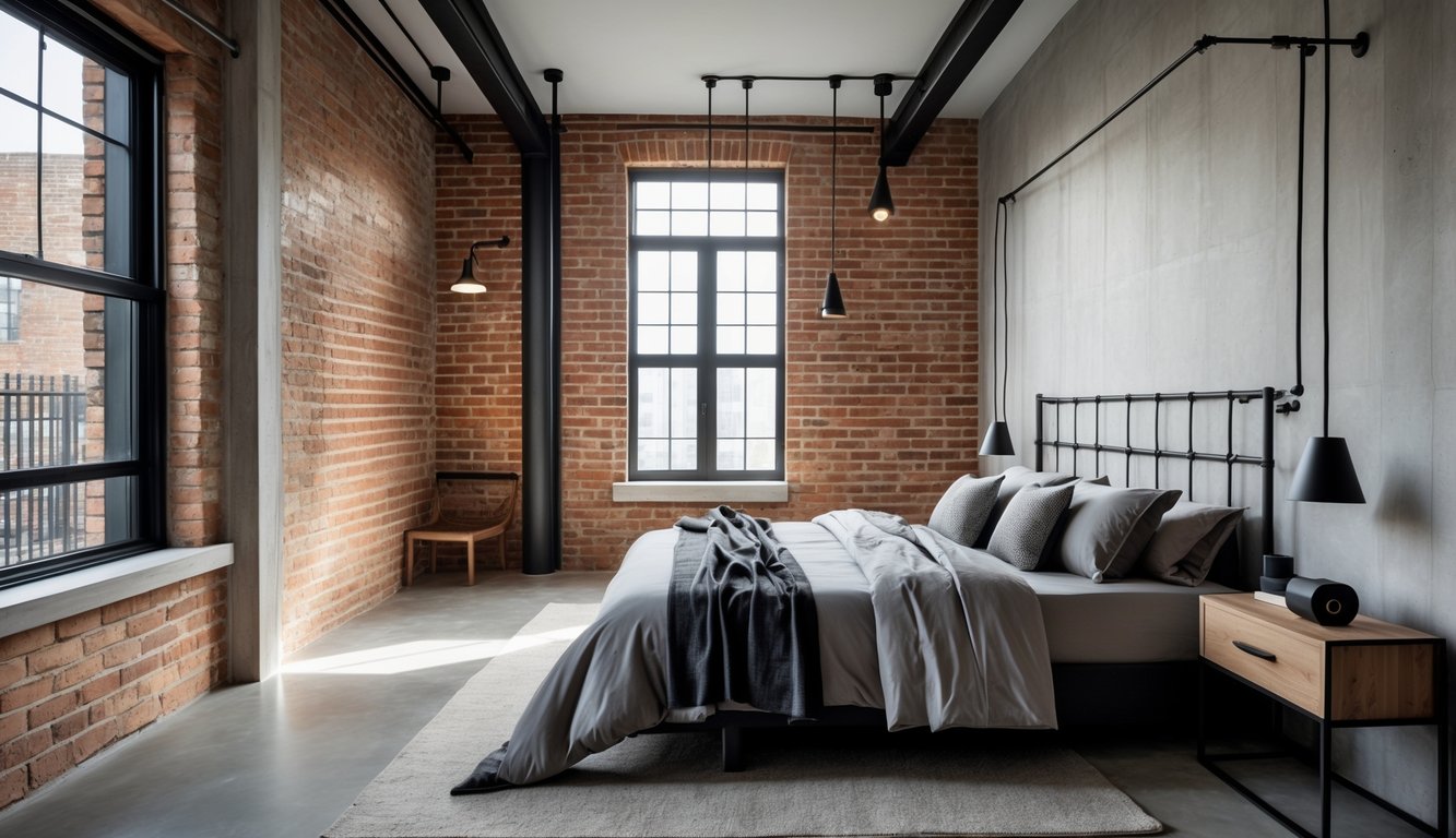 Sebuah kamar tidur dengan tempat tidur, lampu gantung, dinding bata, dan jendela besar yang menerangi ruangan.