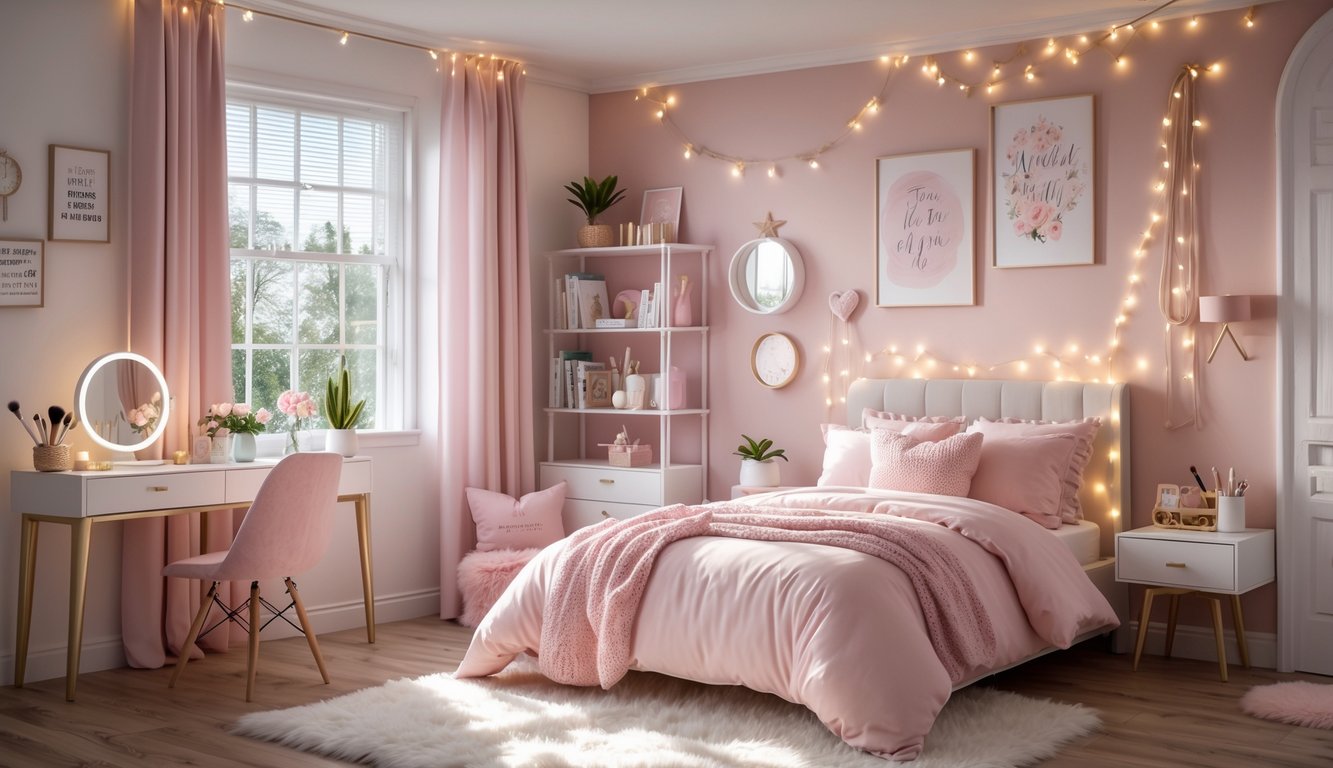 Kamar tidur perempuan dengan tempat tidur rapi, meja rias, lampu hias, dan dekorasi yang cantik.