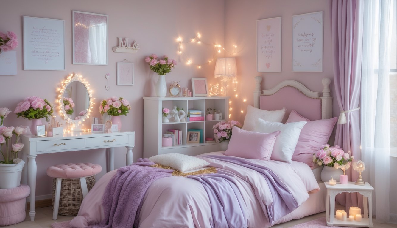 Kamar tidur perempuan dengan dekorasi cantik, tempat tidur rapi, meja rias, dan pencahayaan alami.