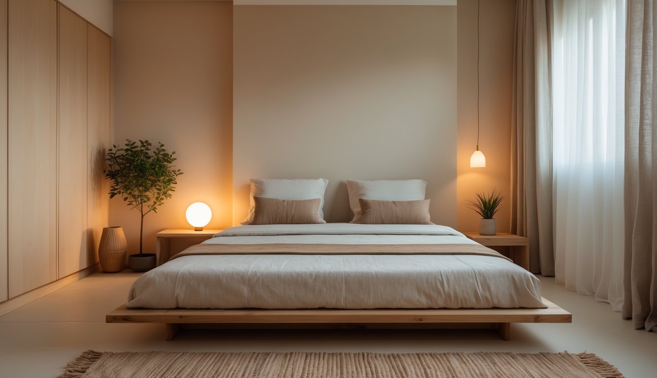 Sebuah kamar tidur dengan tempat tidur kayu rendah, pencahayaan hangat, tanaman kecil, dan dekorasi sederhana yang menciptakan suasana nyaman dan rapi.