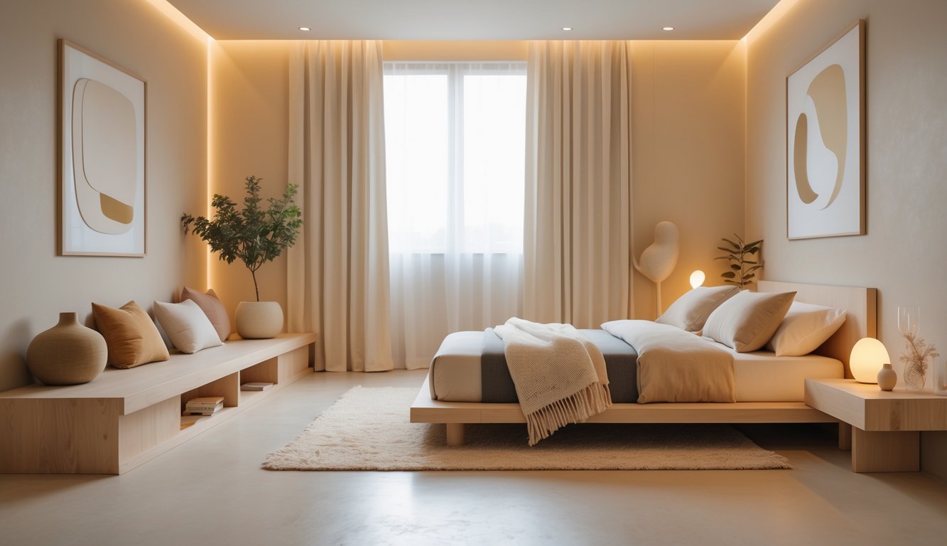 Sebuah kamar tidur dengan tempat tidur rendah, furnitur kayu, pencahayaan hangat, dan tanaman kecil di dalam ruangan.