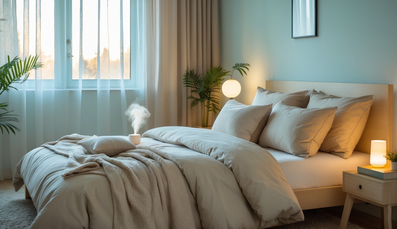 Kamar tidur yang nyaman dengan tempat tidur rapi, cahaya alami, dan dekorasi sederhana yang menenangkan.