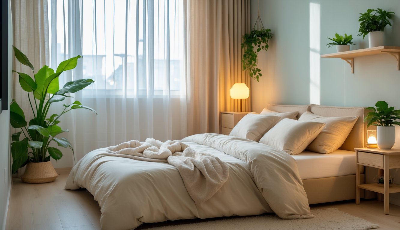 Kamar tidur yang rapi dan nyaman dengan tempat tidur, tanaman hijau, dan pencahayaan alami yang lembut.