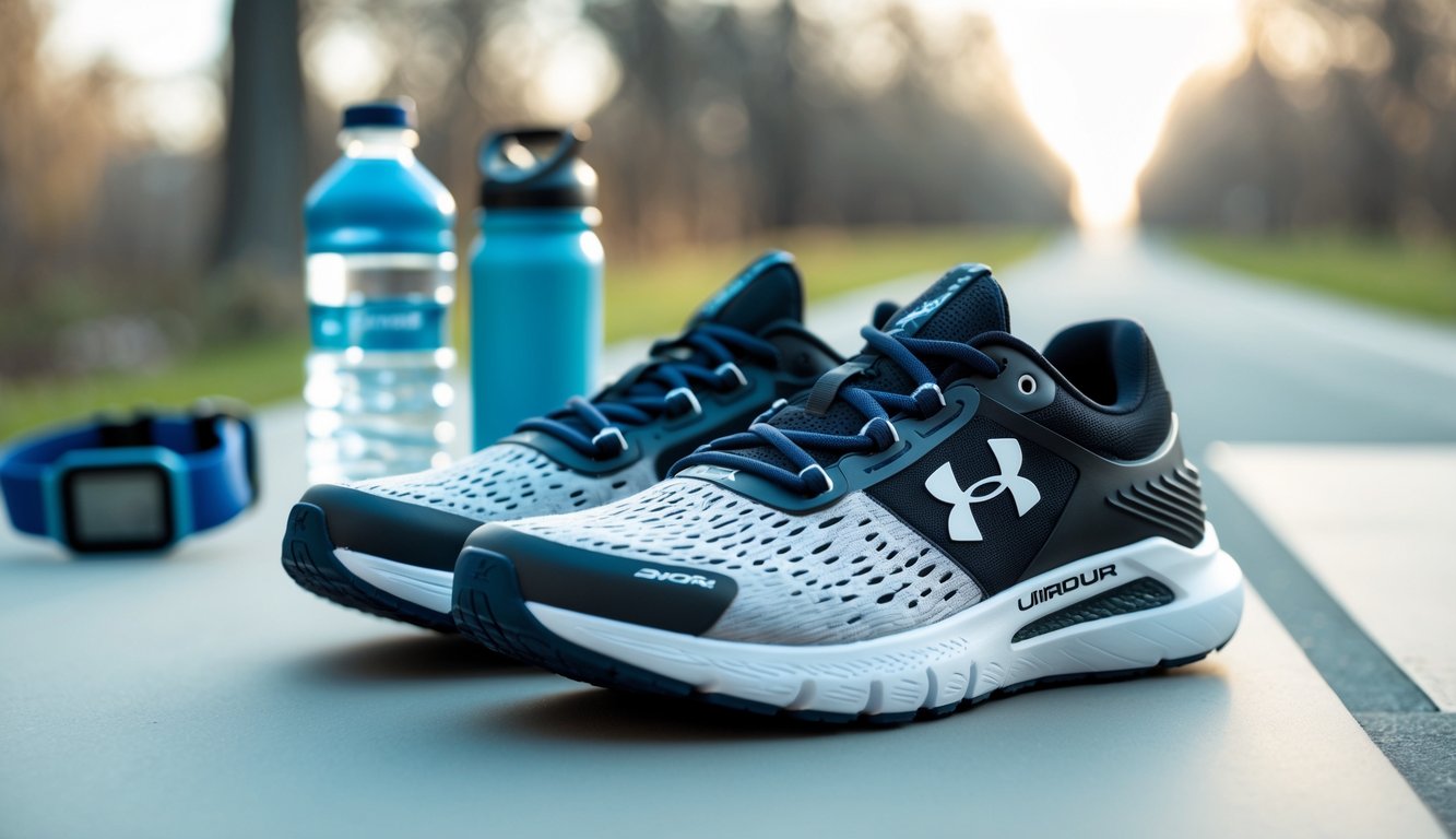 Sepasang sepatu lari Under Armour untuk pemula diletakkan di atas latar belakang netral dengan beberapa perlengkapan lari di sekitar.