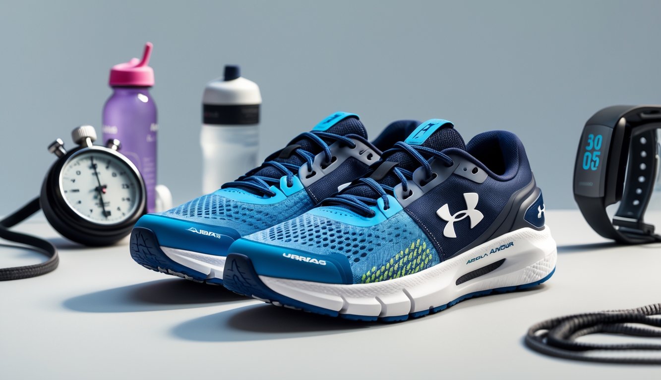 Sepasang sepatu lari Under Armour untuk pemula diletakkan di atas latar belakang netral dengan perlengkapan lari di sekitarnya.